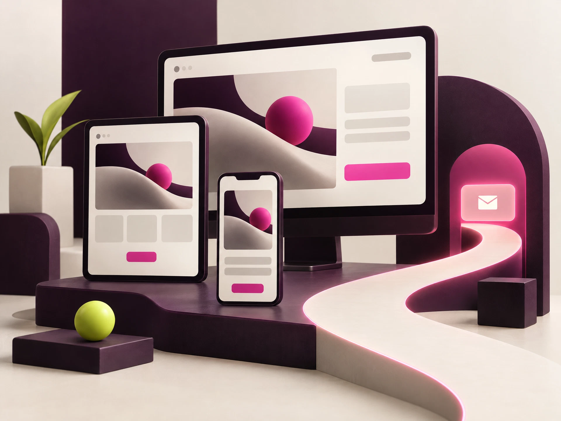 Ilustración conceptual de una landing page adaptable con recorrido de conversión